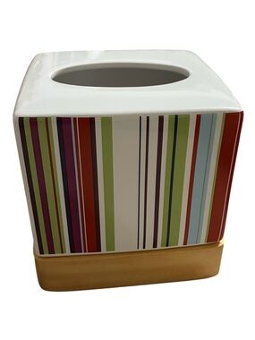 TISSUE BOX COVER CERAMIC MULTICOLORED VERTICAL STRIPES CONTEMPORARY WOOD BASE